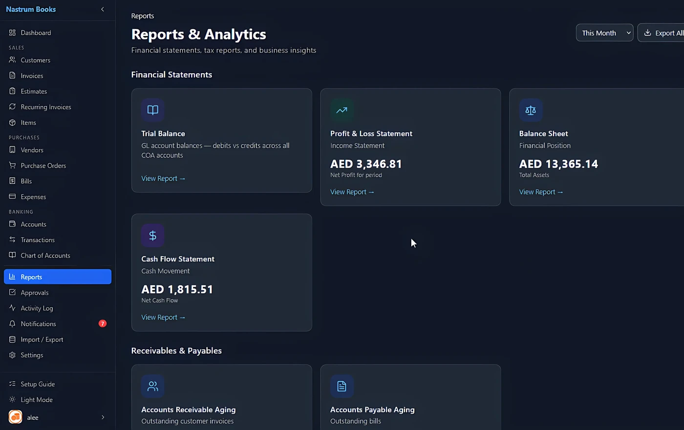 Nastrum Books reports hub showing all 14 financial report types